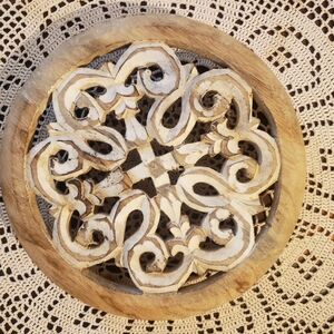 Mid-Century Hand-carved wood trivet/hot plate with ornate scrollwork design 9"
